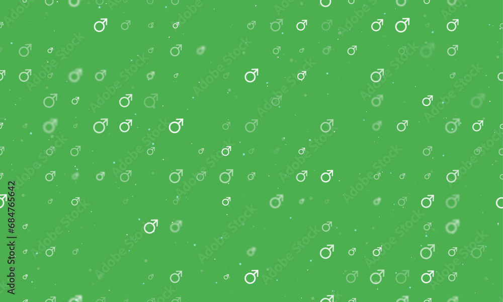 Seamless background pattern of evenly spaced white mars symbols of different sizes and opacity. Vector illustration on green background with stars