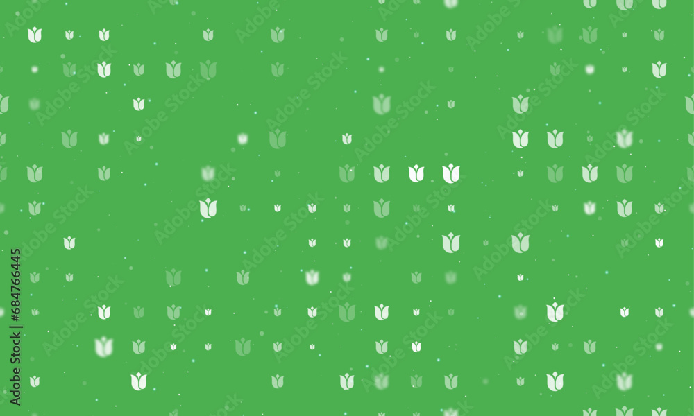 Seamless background pattern of evenly spaced white tulips of different sizes and opacity. Vector illustration on green background with stars