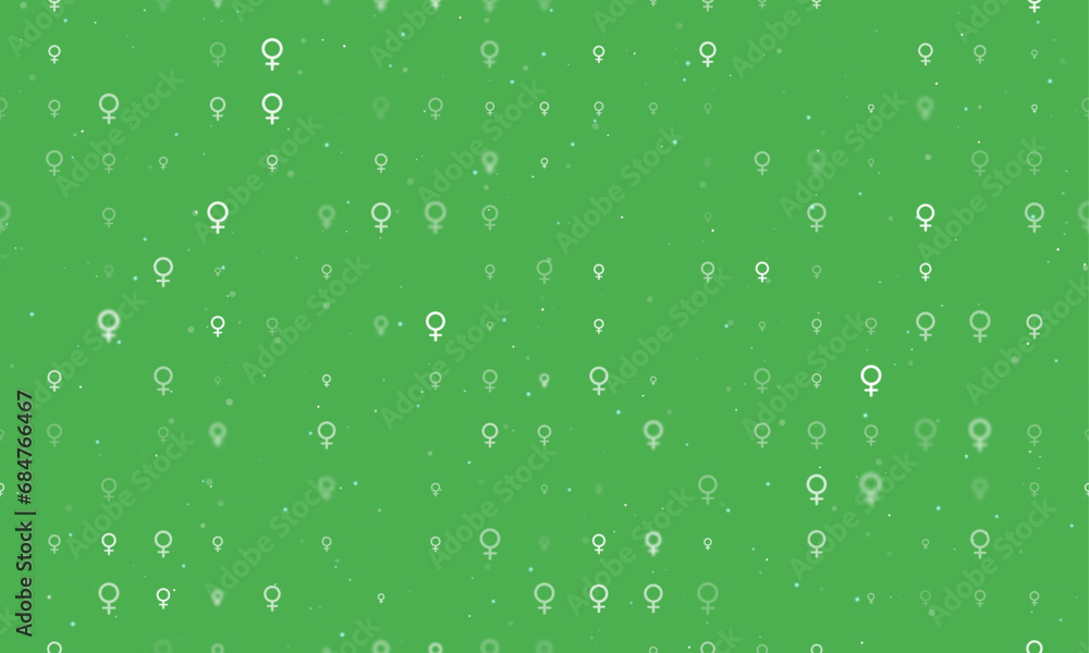 Seamless background pattern of evenly spaced white venus symbols of different sizes and opacity. Vector illustration on green background with stars Seamless background pattern of evenly spaced white venus symbols of different sizes and opacity. Vector illustration on green background with stars