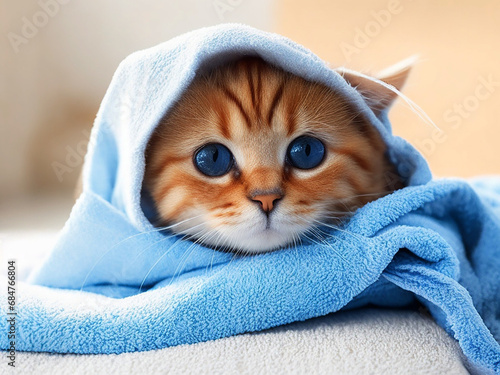 Cute cat wrapped in a bath towel ai generated