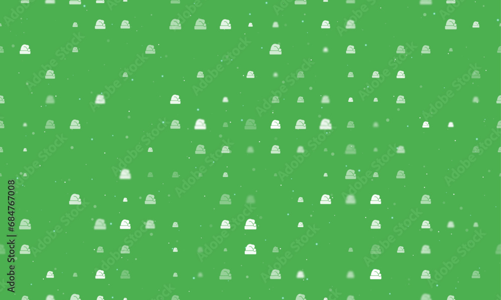 Seamless background pattern of evenly spaced white santa claus hat symbols of different sizes and opacity. Vector illustration on green background with stars Seamless background pattern of evenly spaced white santa claus hat symbols of different sizes and opacity. Vector illustration on green background with stars