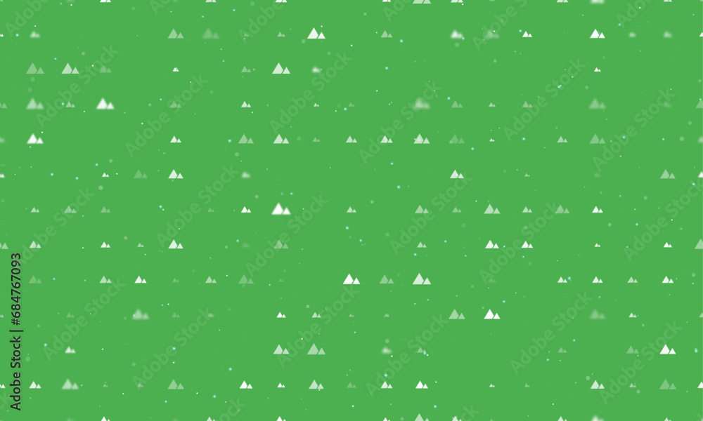 Seamless background pattern of evenly spaced white mountains symbols of different sizes and opacity. Vector illustration on green background with stars