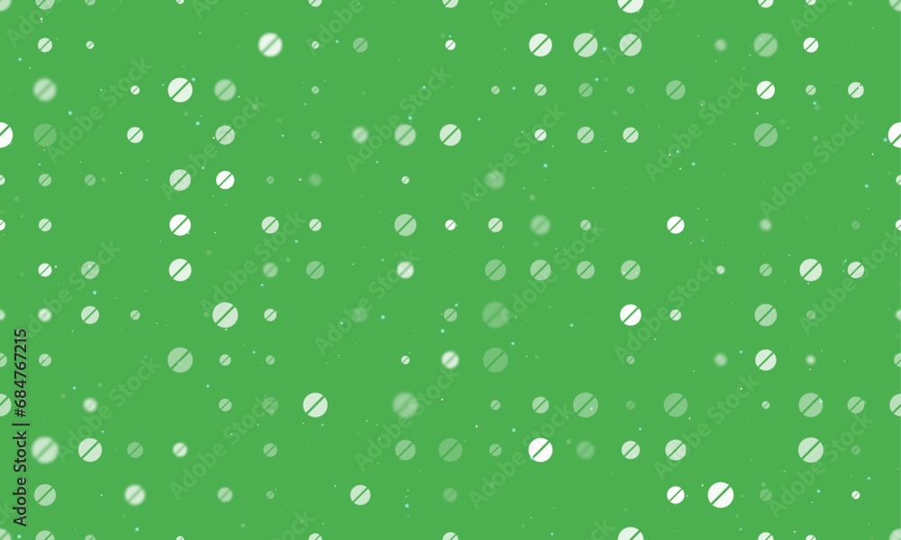 Seamless background pattern of evenly spaced white pill symbols of different sizes and opacity. Vector illustration on green background with stars