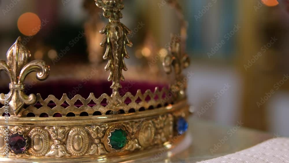 Church attributes for wedding ceremony. Gold crowns are on the altar. Attributes of priest. Interior of church Church attributes for wedding ceremony. Gold crowns are on the altar. Attributes of priest. Interior of church