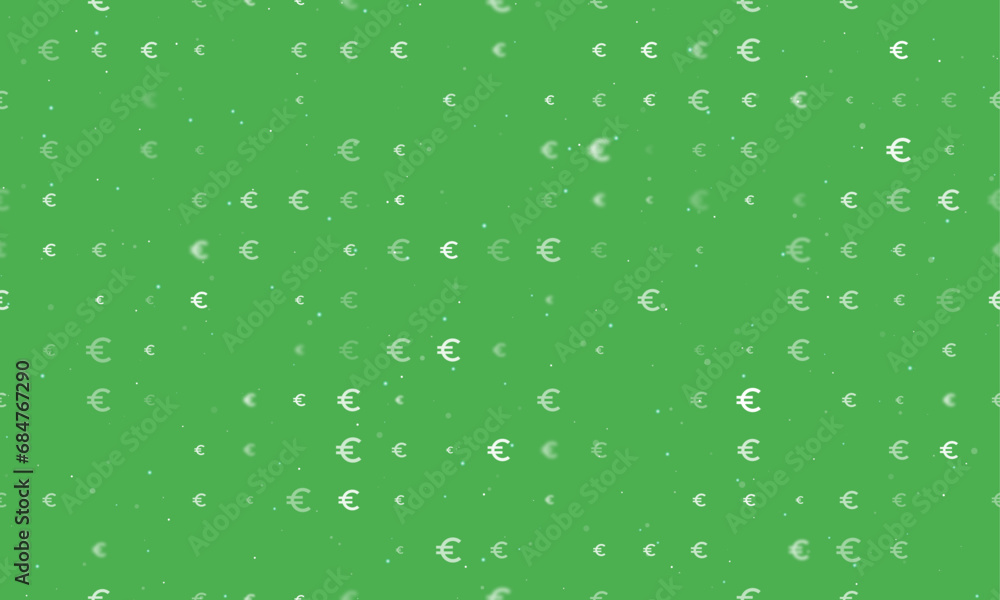 Seamless background pattern of evenly spaced white euro symbols of different sizes and opacity. Vector illustration on green background with stars