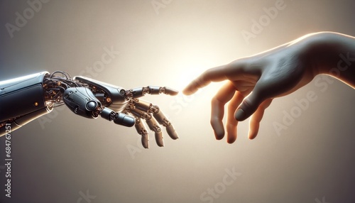 digital painting depicting the symbolic connection between humans and technology, illustrated by a robotic hand and a human hand reaching towards each other