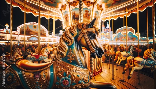 vintage carousel horse, painted in vibrant hues of gold and blue, with ornate decorations. In the background, the carnival is in full swing