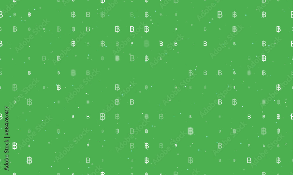Seamless background pattern of evenly spaced white thai baht symbols of different sizes and opacity. Vector illustration on green background with stars