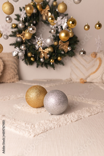 New Year's decor. Decor for the New Year. New Year's photo shoot. Wreath for the New Year's photo shoot. Silver ball. New Year's ball.