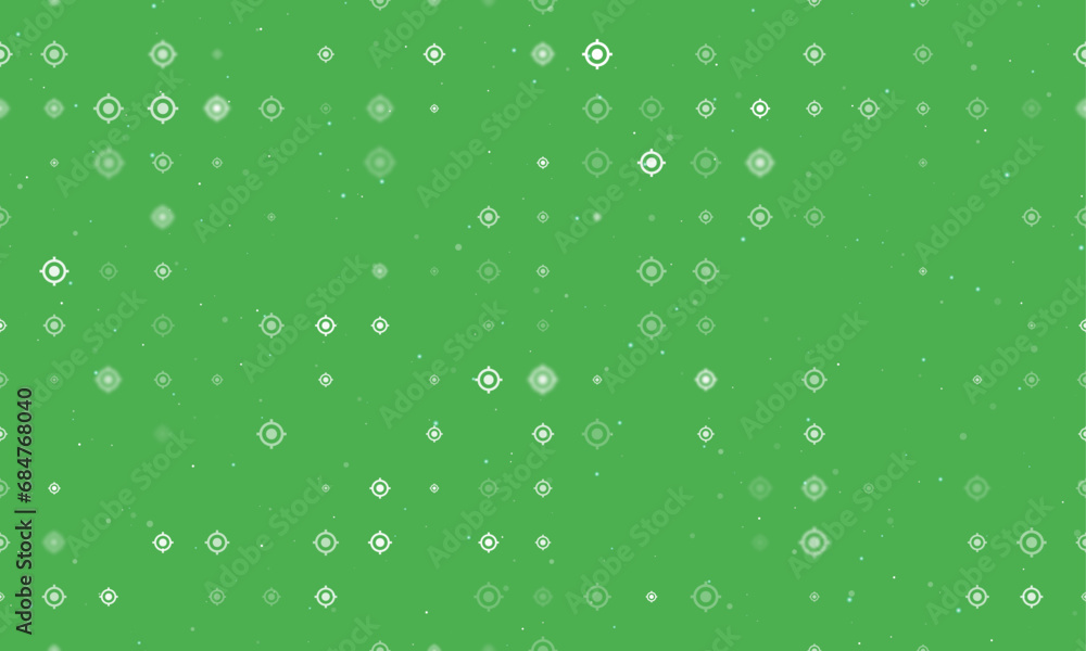 Seamless background pattern of evenly spaced white crosshair symbols of different sizes and opacity. Vector illustration on green background with stars