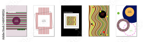 Geometric cover design, set of 5 covers. Abstract unusual background in Memphis style. Bright geometric shapes in random order