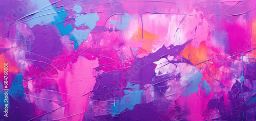 Colorful street art graffiti background. Pink, magenta, blue, yellow colors drips, flows, streaks of paint. Abstract colorful spilled out oil paints background