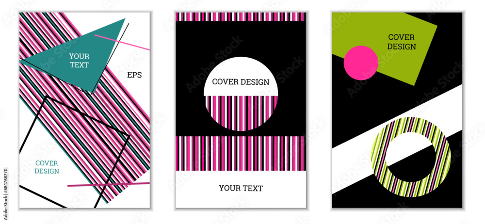 Geometric cover design, set of 3 covers. Abstract unusual background in Memphis style. Bright geometric shapes in random order