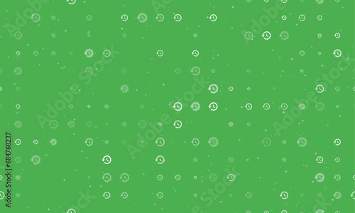 Seamless background pattern of evenly spaced white time back symbols of different sizes and opacity. Vector illustration on green background with stars