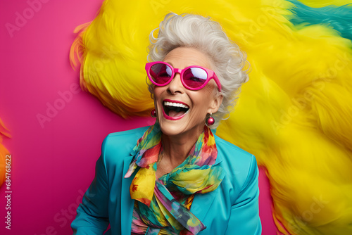 smiling senior woman sitting on a colorful background, in the style of colorful pop, yellow and pink