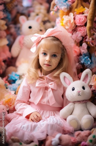 A cute little girl with blonde hair in a pink dress and a pink beret on her head  sits next to a white bunny  surrounded by plush toys and colorful flowers. Happy Easter. Family time.