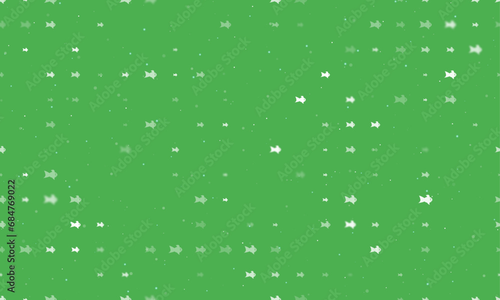 Seamless background pattern of evenly spaced white gold fish symbols of different sizes and opacity. Vector illustration on green background with stars Seamless background pattern of evenly spaced white gold fish symbols of different sizes and opacity. Vector illustration on green background with stars