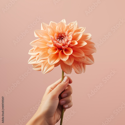 Female hand holding a ginger dahlia flower on neutral background, Generative AI