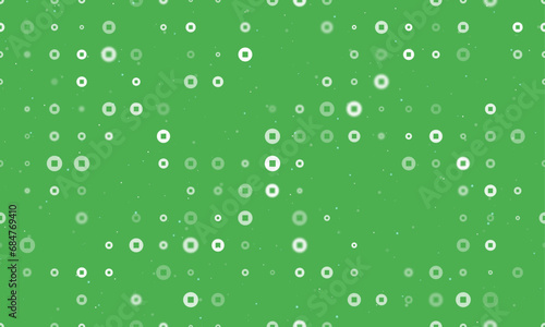 Seamless background pattern of evenly spaced white stop media symbols of different sizes and opacity. Vector illustration on green background with stars