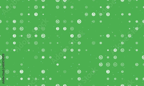 Seamless background pattern of evenly spaced white replay media symbols of different sizes and opacity. Vector illustration on green background with stars