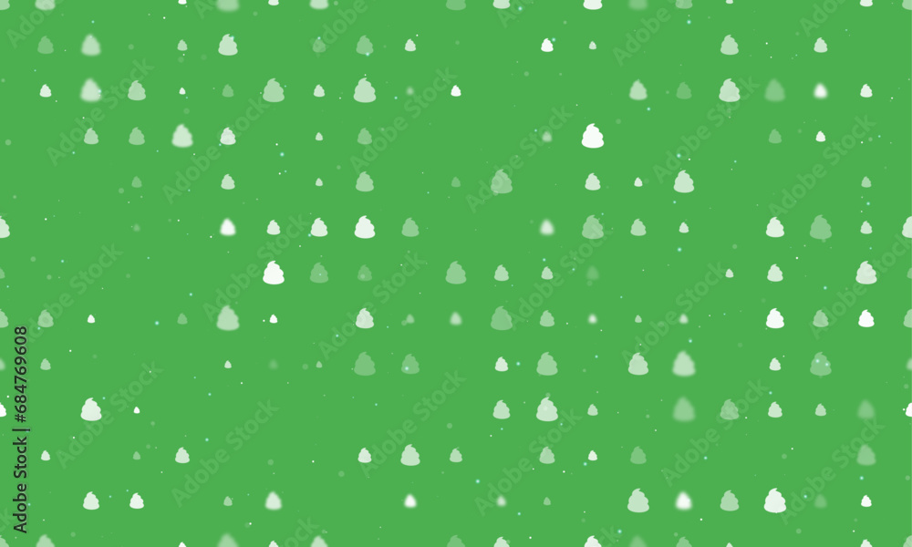 Seamless background pattern of evenly spaced white poop symbols of different sizes and opacity. Vector illustration on green background with stars