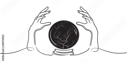 Hand drawn magic crystal black ball in hands of fortune teller line art and dot work, continuous drawing contour on white background. Witch boho chic tattoo. Vector iilustration