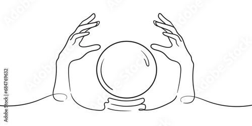 Hand drawn magic crystal ball in hands of fortune teller line art and dot work, continuous drawing contour on white background. Witch boho chic tattoo. Vector iilustration