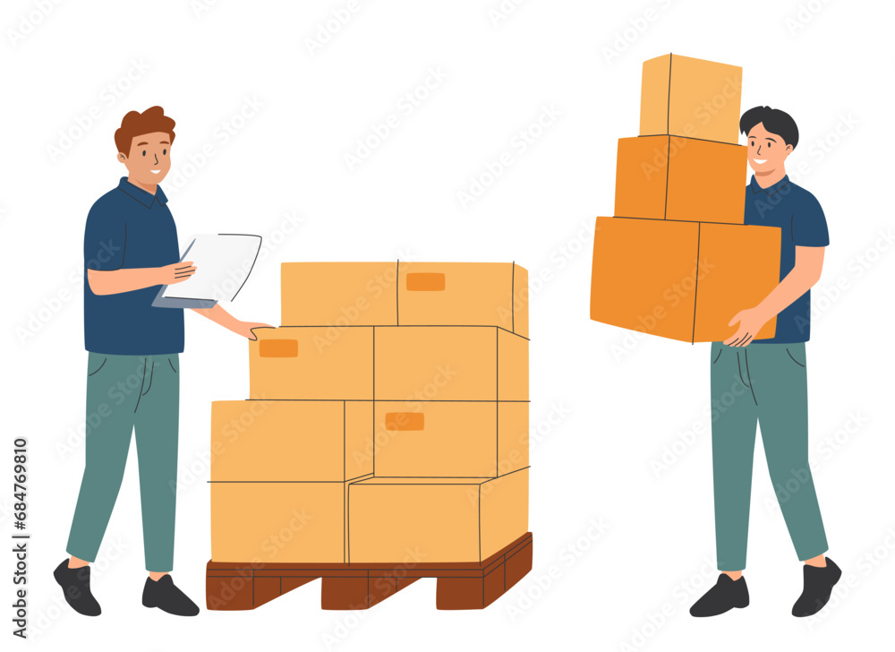 Warehouse staff wearing uniform Loading parcel box and checking product from warehouse. Delivery and logistic, storage. Warehouse staff wearing uniform Loading parcel box and checking product from warehouse. Delivery and logistic, storage.