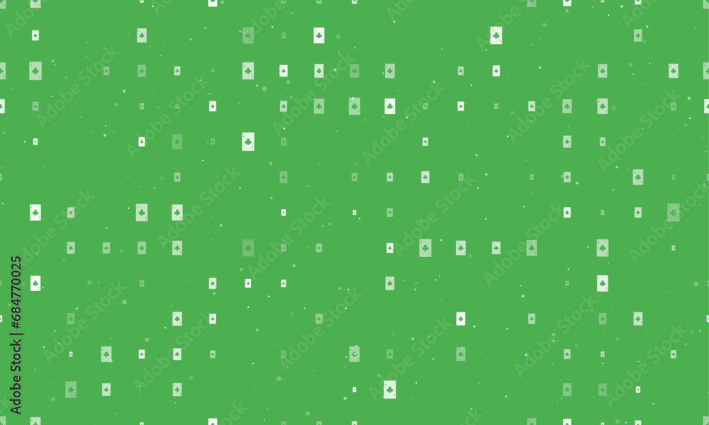 Seamless background pattern of evenly spaced white ace of clubs cards of different sizes and opacity. Vector illustration on green background with stars