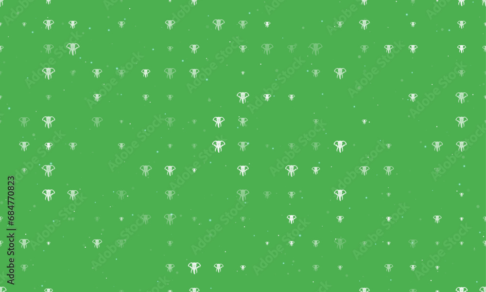 Seamless background pattern of evenly spaced white elephant heads of different sizes and opacity. Vector illustration on green background with stars Seamless background pattern of evenly spaced white elephant heads of different sizes and opacity. Vector illustration on green background with stars