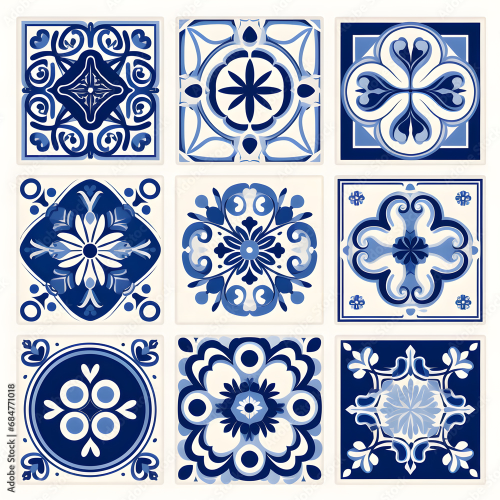 Blue watercolor seamless pattern of azulejos tiles Blue watercolor seamless pattern of azulejos tiles