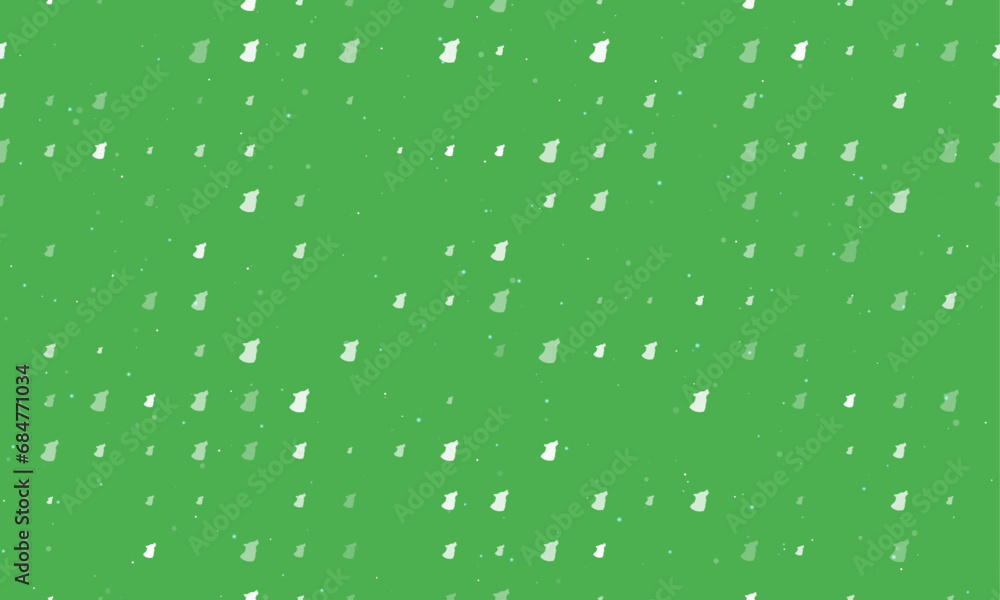 Seamless background pattern of evenly spaced white wolf head symbols of different sizes and opacity. Vector illustration on green background with stars Seamless background pattern of evenly spaced white wolf head symbols of different sizes and opacity. Vector illustration on green background with stars