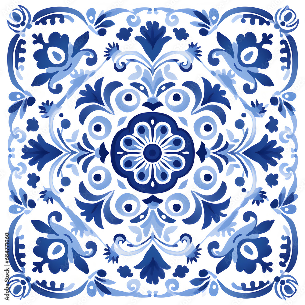 Blue watercolor seamless pattern  of azulejos tiles 