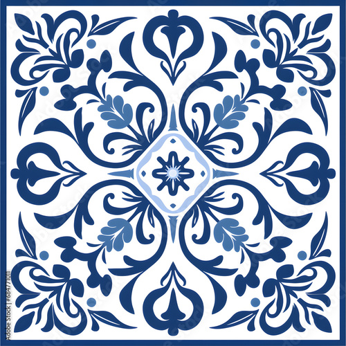 Blue watercolor seamless pattern of azulejos tiles 