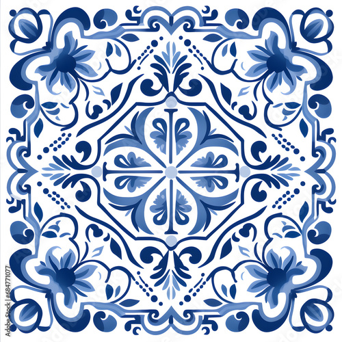 Blue watercolor seamless pattern of azulejos tiles 