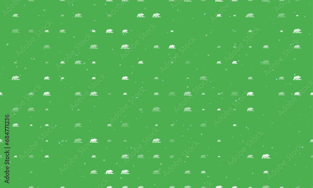 Seamless background pattern of evenly spaced white wild bear symbols of different sizes and opacity. Vector illustration on green background with stars