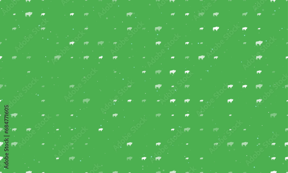 Seamless background pattern of evenly spaced white buffalo symbols of different sizes and opacity. Vector illustration on green background with stars Seamless background pattern of evenly spaced white buffalo symbols of different sizes and opacity. Vector illustration on green background with stars