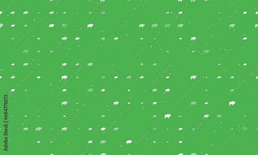 Seamless background pattern of evenly spaced white buffalo symbols of different sizes and opacity. Vector illustration on green background with stars Seamless background pattern of evenly spaced white buffalo symbols of different sizes and opacity. Vector illustration on green background with stars