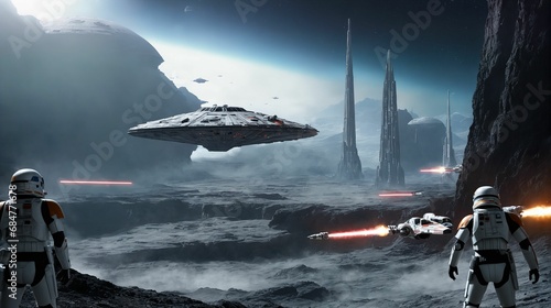 some astronauts standing near some alien ships and planets, and with one star destroyer ship