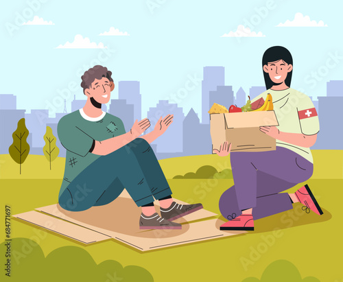 Volunteer helps man outdoor. Woman give box with food to poor guy at street. Generosity and kindness. Activist give donations for homeless person. Cartoon flat vector illustration