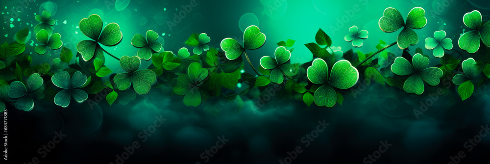 green st patrick's day background with clovers. Copy space. Panorama view