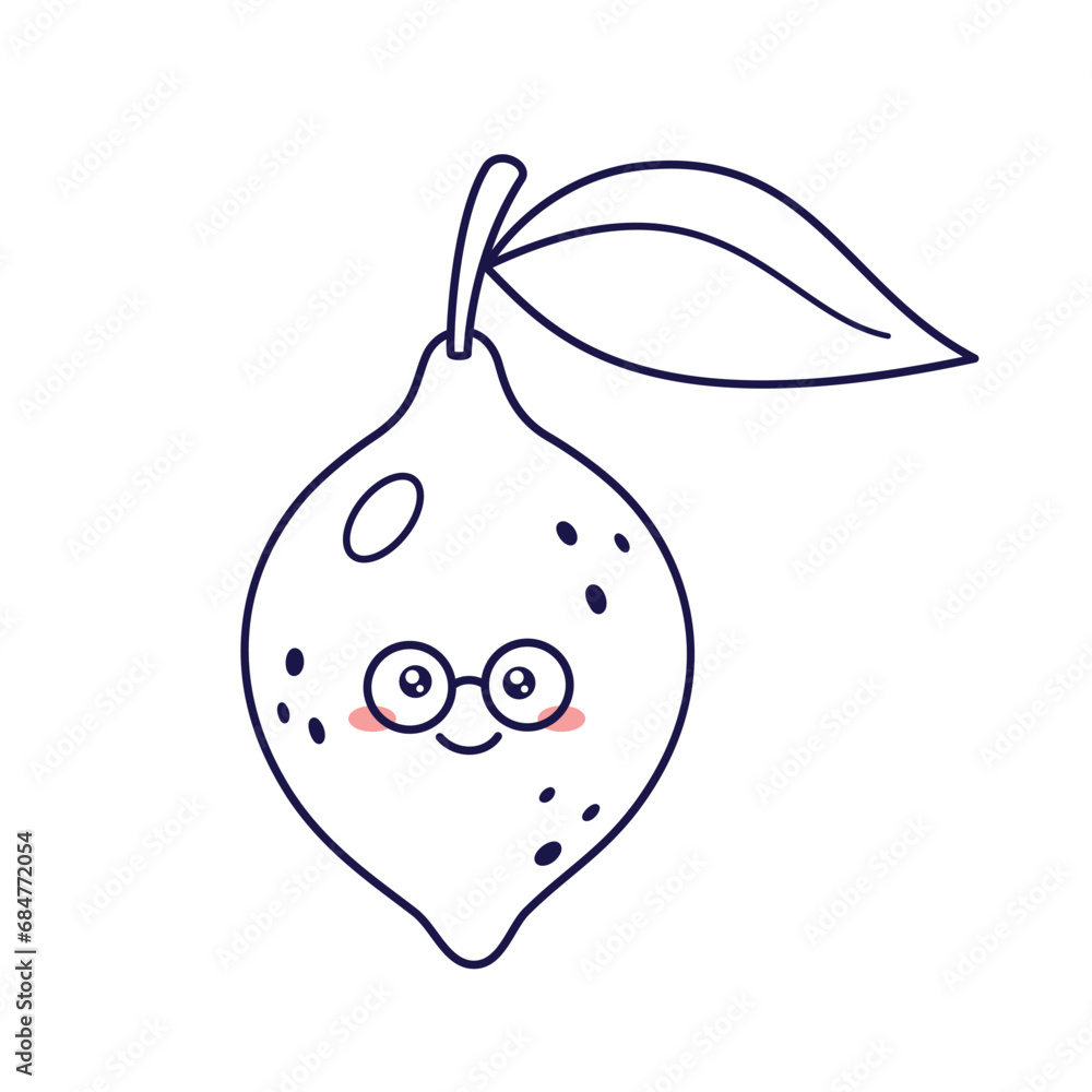 Cute Kawaii Lemon character with glasses. Vector hand drawn line art kids icon illustration. Lemon character in doodle style. Isolated on white background. Shy nerd lemon character. Kids coloring book Cute Kawaii Lemon character with glasses. Vector hand drawn line art kids icon illustration. Lemon character in doodle style. Isolated on white background. Shy nerd lemon character. Kids coloring book