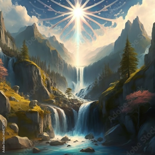 majestic magical fantasy landscape with mountains river waterfall sun rays 3d ai generated 