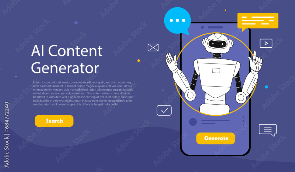 AI Content generation concept. Artificial intelligence and machine learning. Chatbot at smartphone display. Landing page design. Modern technologies and innovations. Cartoon flat vector illustration - obrazy, fototapety, plakaty 