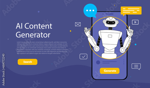 AI Content generation concept. Artificial intelligence and machine learning. Chatbot at smartphone display. Landing page design. Modern technologies and innovations. Cartoon flat vector illustration