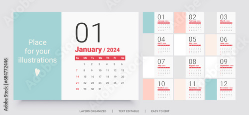 Monthly calendar template for 2024 year. The week starts on Sunday.