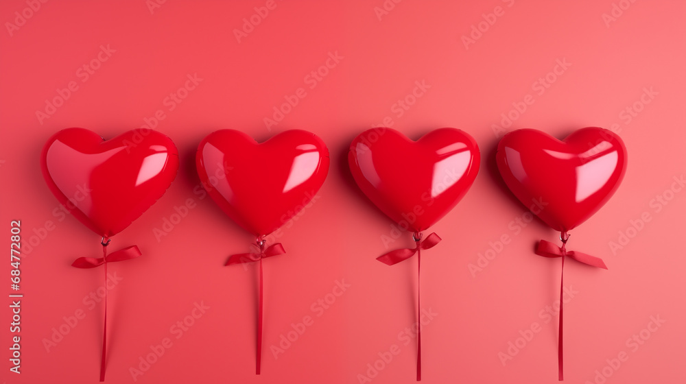 Red Heart Shaped Balloons on a red background for Valentine's Day. Love concept