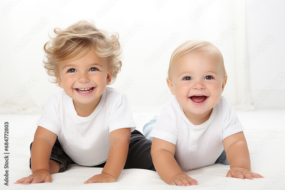 Two happy cute kids on white background, emotions and happy childhood Two happy cute kids on white background, emotions and happy childhood