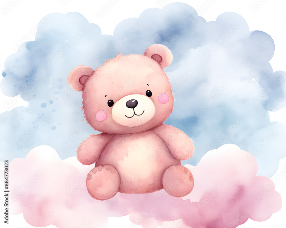 Cute Teddy bear in the sky with pink clouds cartoon illustration Cute Teddy bear in the sky with pink clouds cartoon illustration