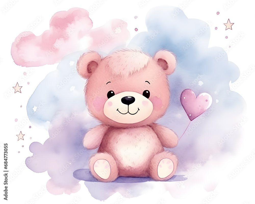Cute Teddy bear in the sky with pink clouds cartoon illustration Cute Teddy bear in the sky with pink clouds cartoon illustration